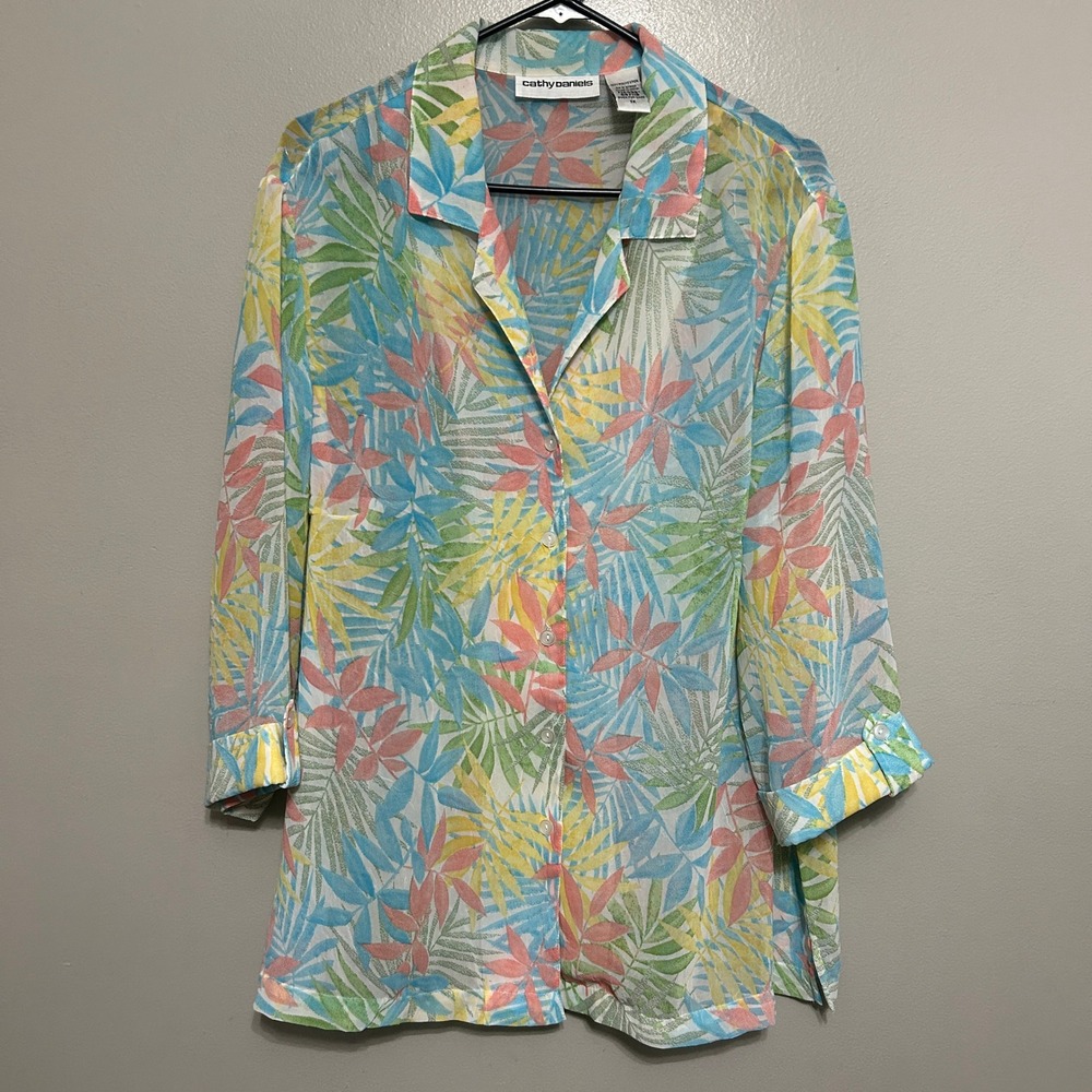Cathy Daniels Button Down Blouse 1X Multicolor Tropical Palm Leaf Coastal Sheer